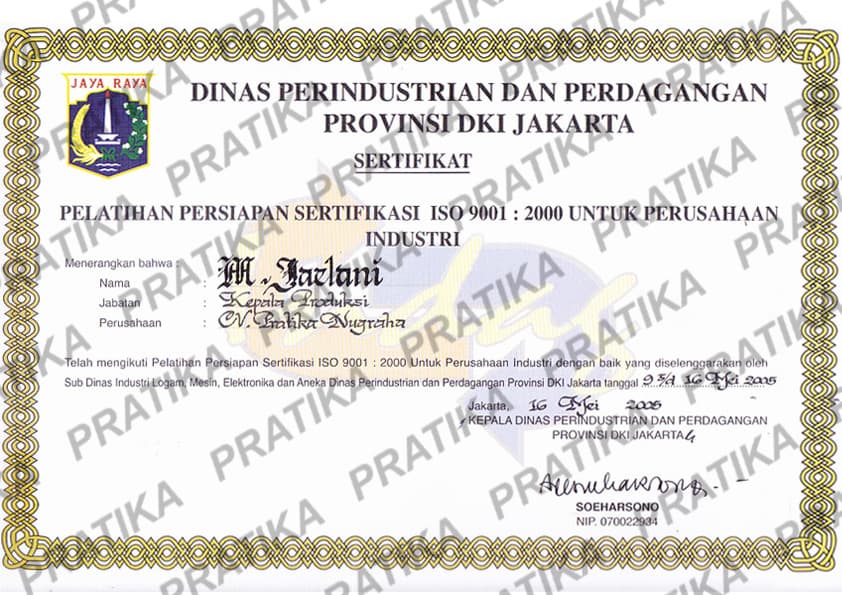 Dinas Perindustrian Certificate